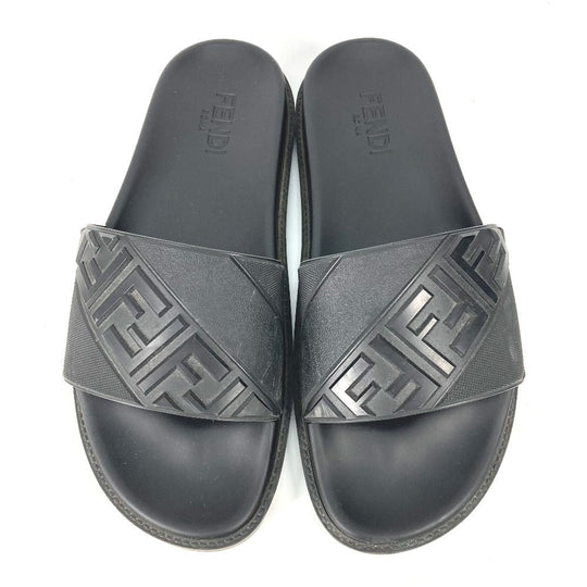 FENDI Sandals 7X1377 rubber black pool sandals shower sandals logo mens 9 Used Authentic