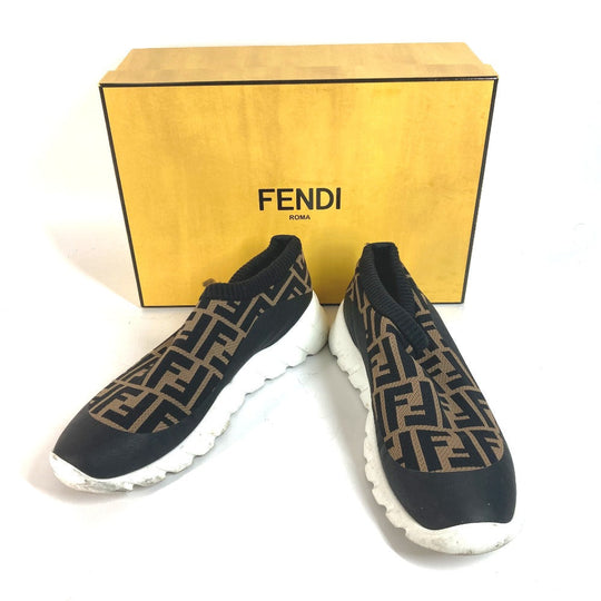 FENDI sneakers 7E1254 Canvas, Leather Brown Zucca Slip-ons Women 8 Used Authentic