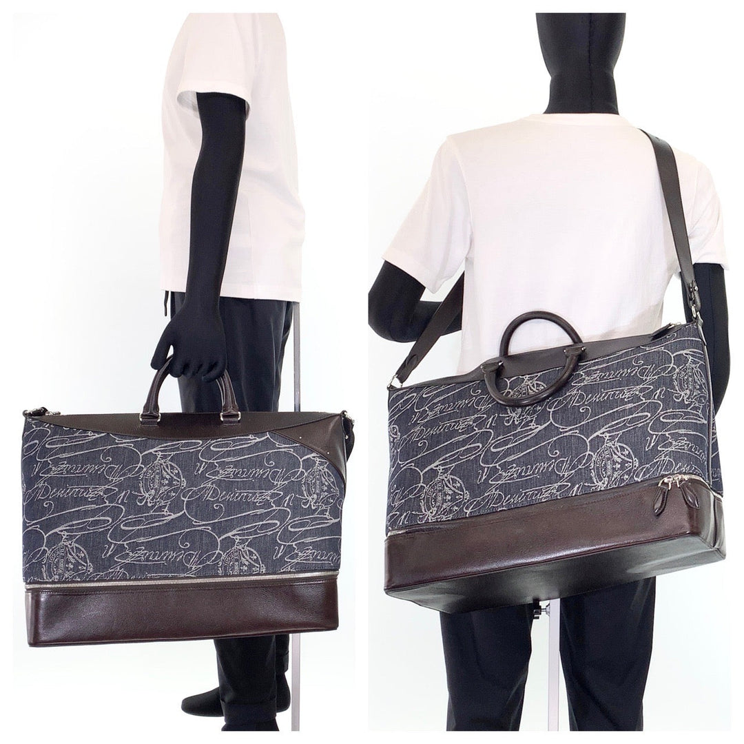 Berluti Boston Duffel bag Leather, Denim Navy brown Boston Duffel bag Shoulder Bag 2way Viaggio denim mens Used Authentic
