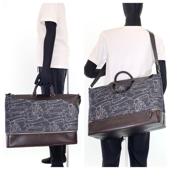 Berluti Boston Duffel bag Leather, Denim Navy brown Boston Duffel bag Shoulder Bag 2way Viaggio denim mens Used Authentic
