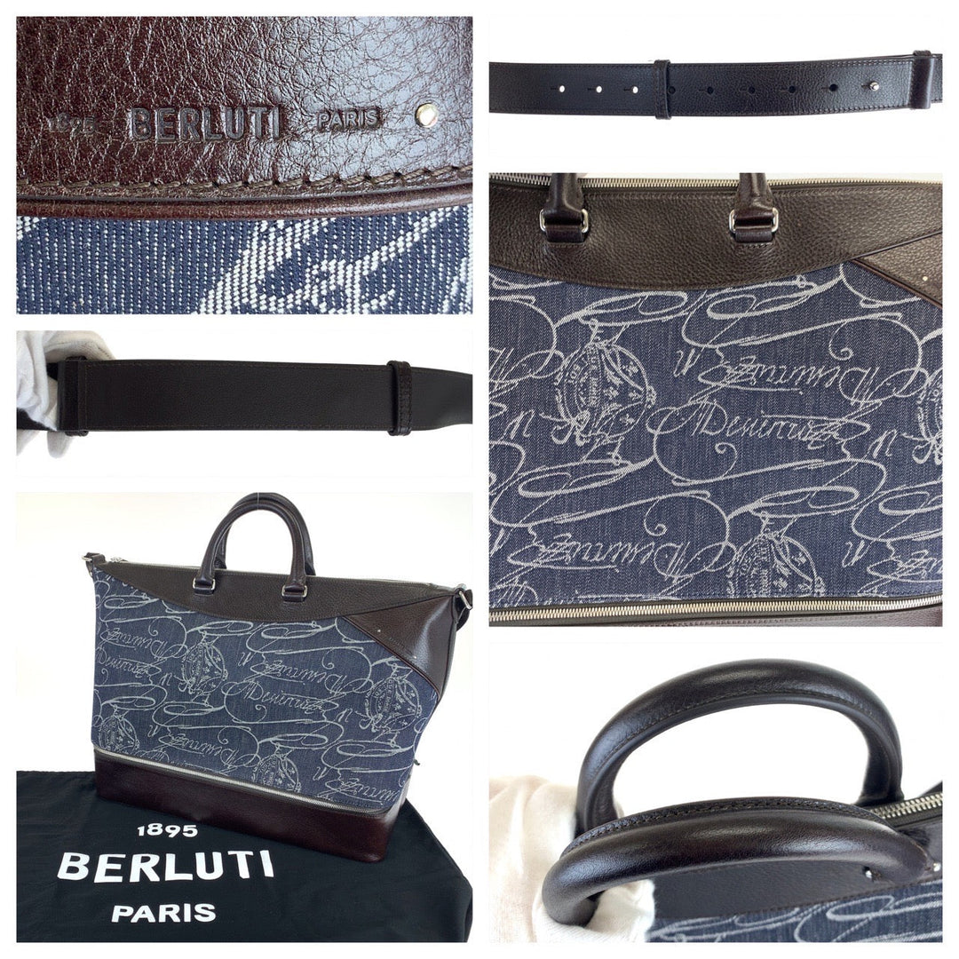 Berluti Boston Duffel bag Leather, Denim Navy brown Boston Duffel bag Shoulder Bag 2way Viaggio denim mens Used Authentic