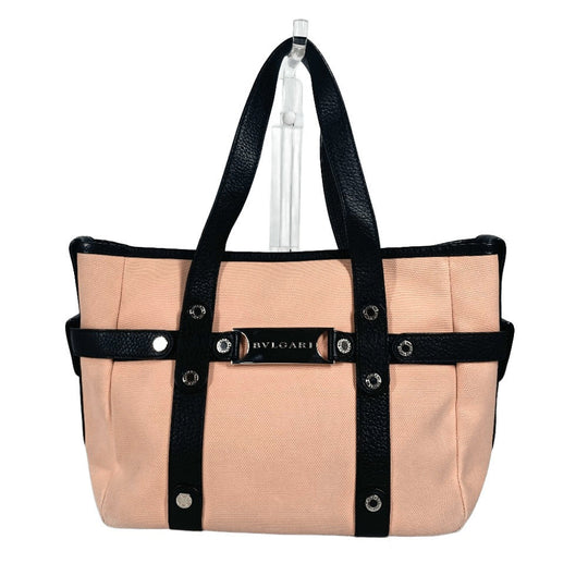 BVLGARI Shoulder Bag Canvas / leather Pink beige type logo metal plate Women Used Authentic
