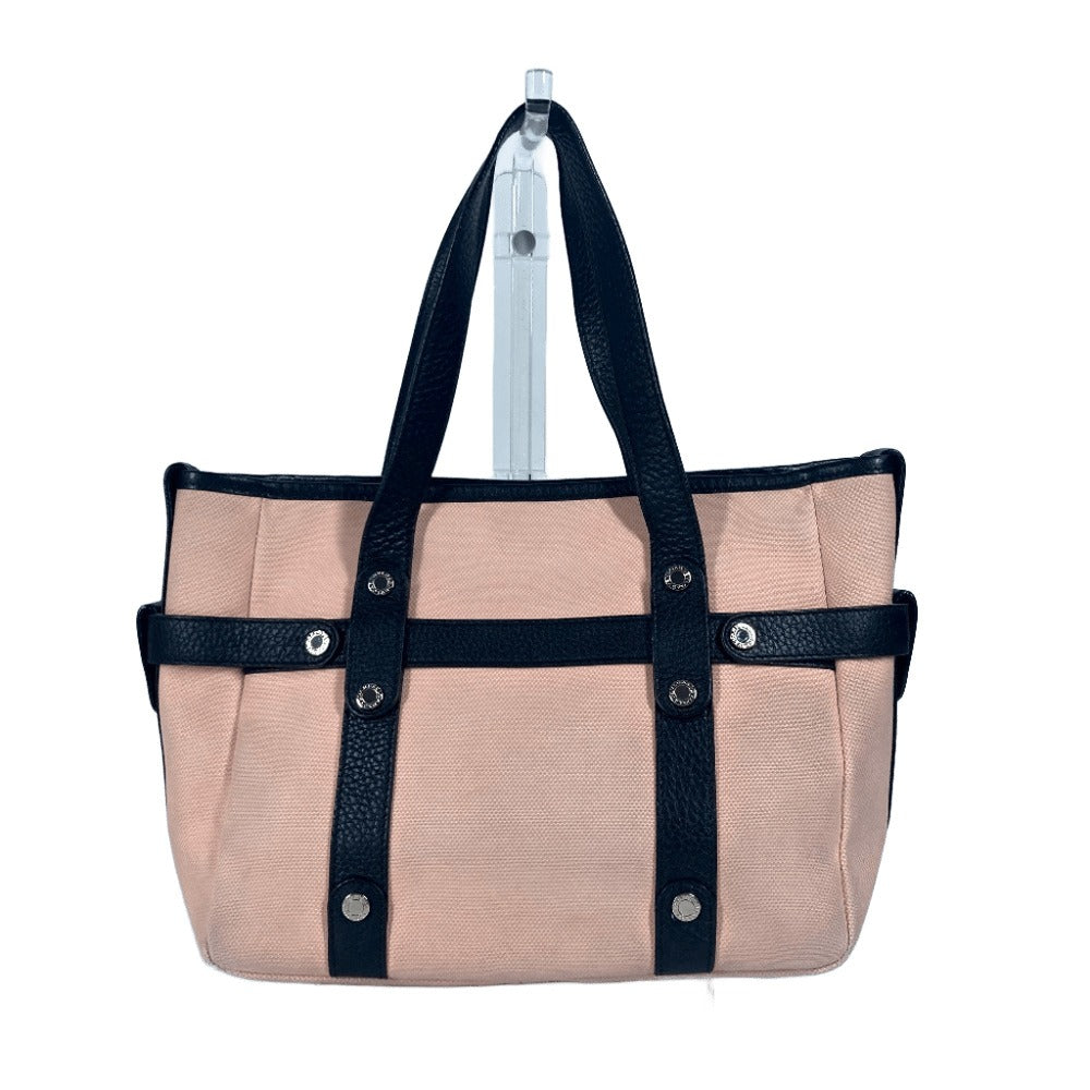 BVLGARI Shoulder Bag Canvas / leather Pink beige type logo metal plate Women Used Authentic