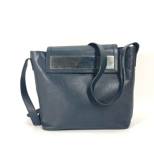 FENDI Shoulder Bag leather Navy Metal plate logo Women Used Authentic