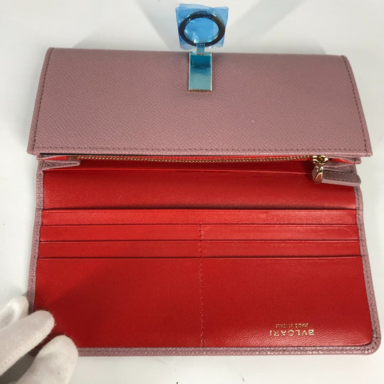BVLGARI Long Wallet Purse leather pink Long wallet Logo clip Women Used Authentic