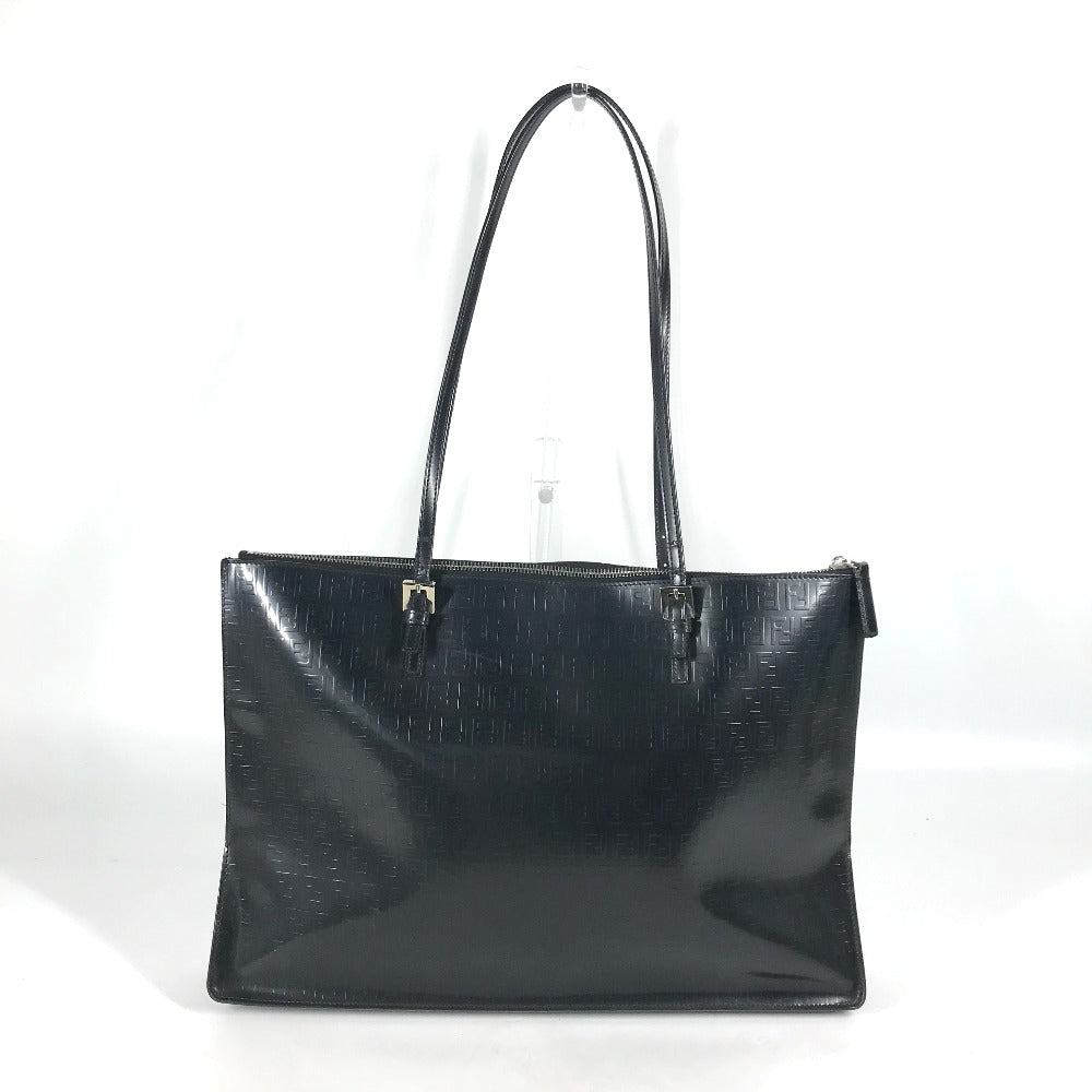 FENDI Tote Bag leather black logo FF Women Used Authentic