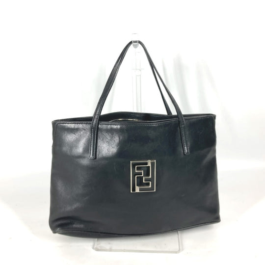 FENDI Tote Bag leather black Bag logo Women Used Authentic