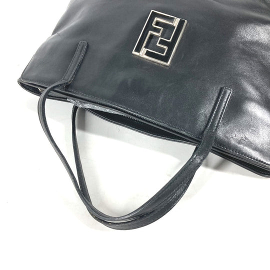 FENDI Tote Bag leather black Bag logo Women Used Authentic
