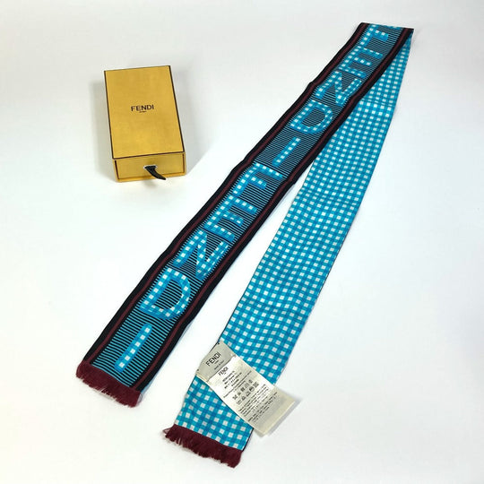 FENDI scarf silk Blue type Rappy logo Women Used Authentic