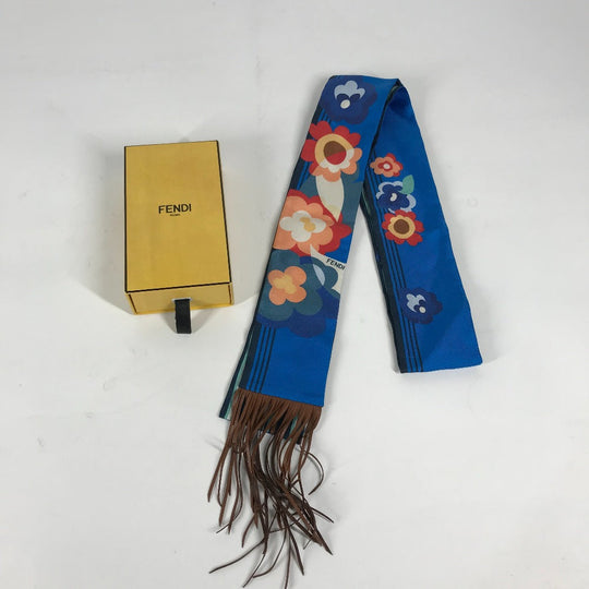 FENDI scarf FXT111 silk blue Lappy Fringe Women Used Authentic