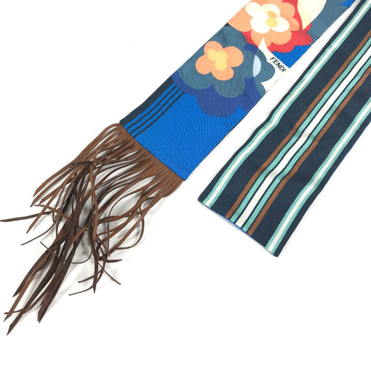 FENDI scarf FXT111 silk blue Lappy Fringe Women Used Authentic