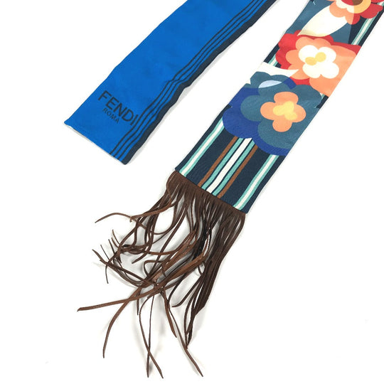 FENDI scarf FXT111 silk blue Lappy Fringe Women Used Authentic