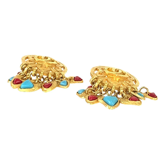 CHANEL Earring plating Gold Red Blue Earring Swing Earring COCO Mark Stone Women Used Authentic