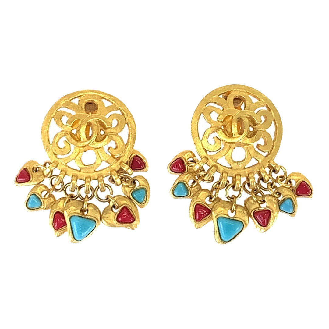 CHANEL Earring plating Gold Red Blue Earring Swing Earring COCO Mark Stone Women Used Authentic