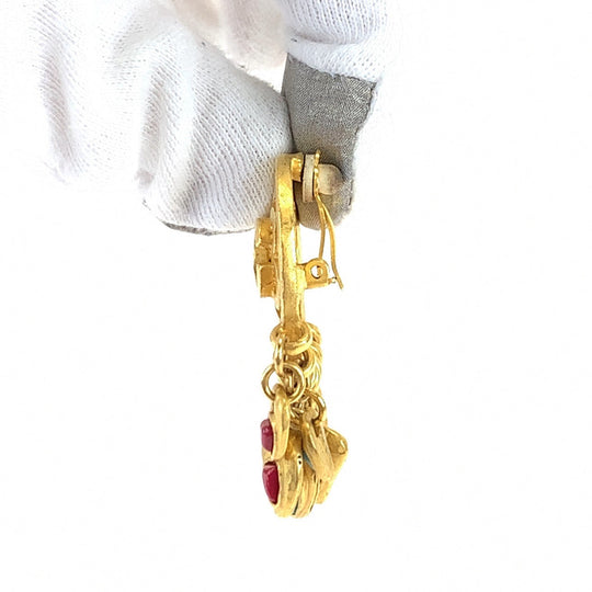 CHANEL Earring plating Gold Red Blue Earring Swing Earring COCO Mark Stone Women Used Authentic