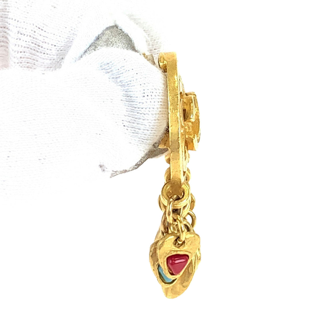 CHANEL Earring plating Gold Red Blue Earring Swing Earring COCO Mark Stone Women Used Authentic