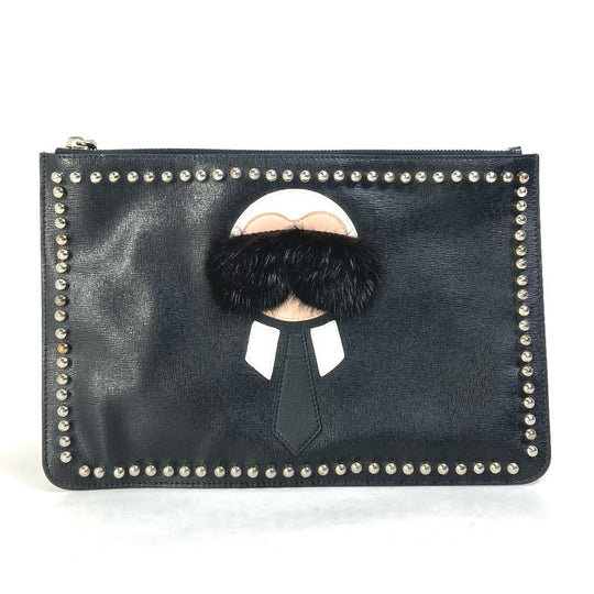 FENDI Clutch bag Leather, Fur black studded pouch Karl Lagerfeld Carlito