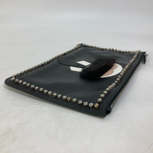 FENDI Clutch bag Leather, Fur black studded pouch Karl Lagerfeld Carlito