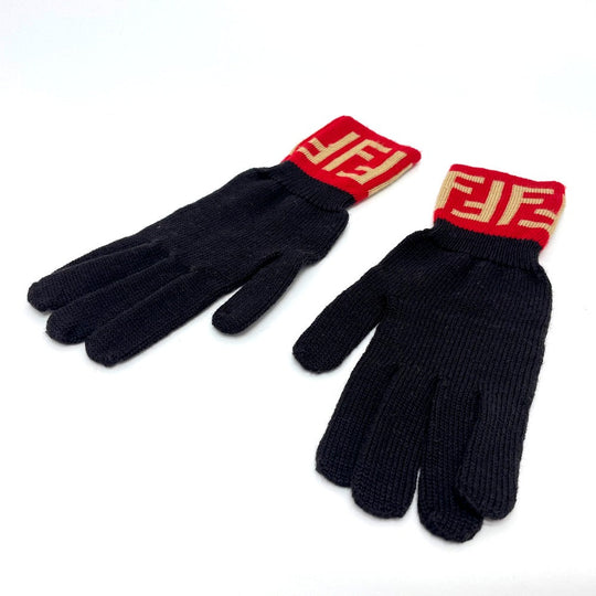 FENDI Glove wool Brown typex red Zucca Glove Women 8 Used Authentic