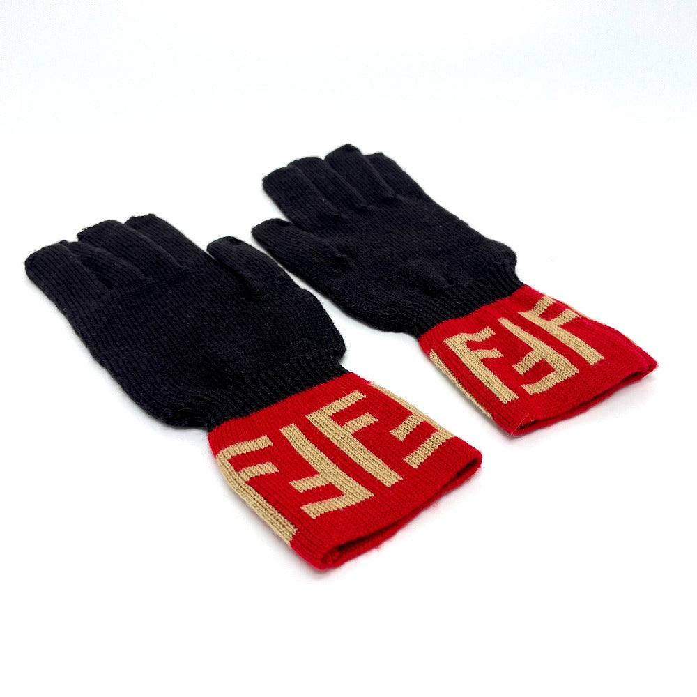 FENDI Glove wool Brown typex red Zucca Glove Women 8 Used Authentic