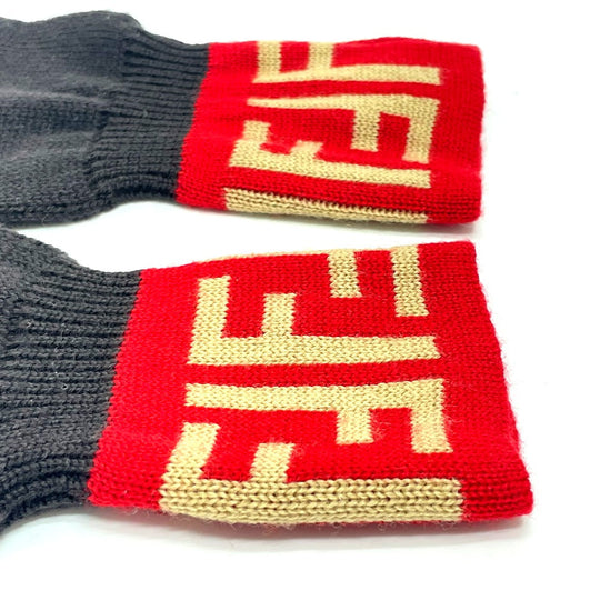 FENDI Glove wool Brown typex red Zucca Glove Women 8 Used Authentic