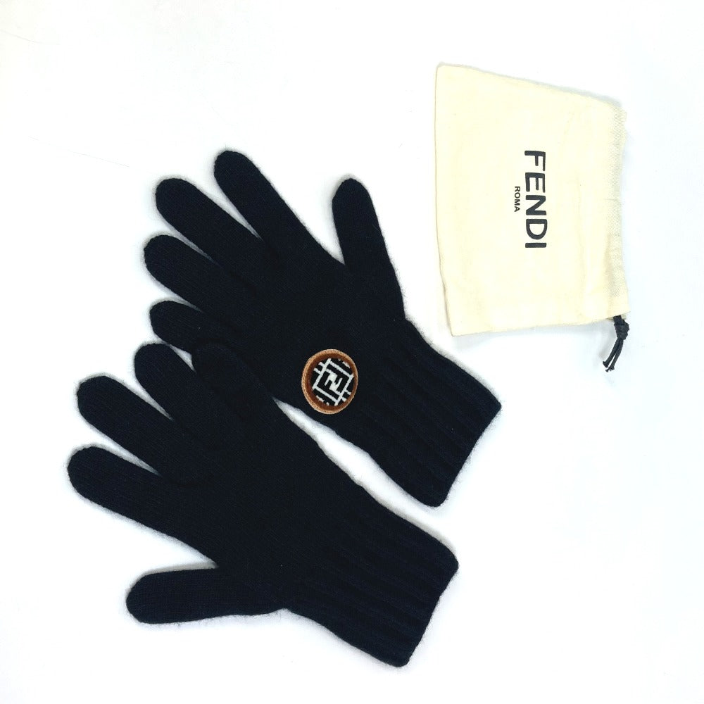 FENDI gloves FXY554 Wool, Cashmere black Glove logo patch zucca Women Used Authentic