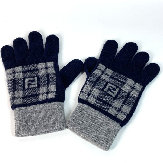FENDI gloves FXY010 wool Navy Check FF Bicolor logo Women Used Authentic