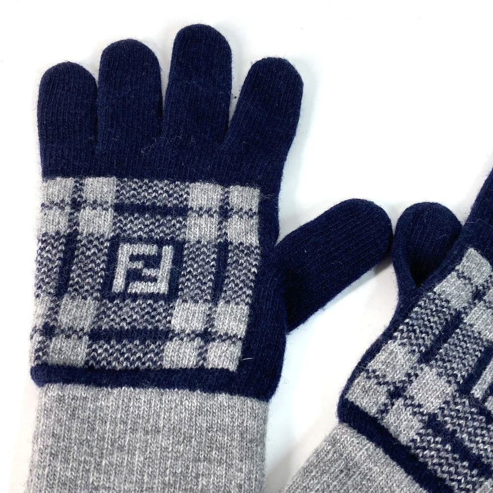 FENDI gloves FXY010 wool Navy Check FF Bicolor logo Women Used Authentic