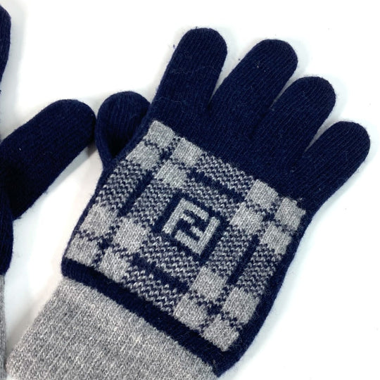 FENDI gloves FXY010 wool Navy Check FF Bicolor logo Women Used Authentic