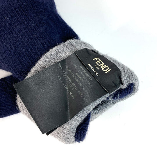FENDI gloves FXY010 wool Navy Check FF Bicolor logo Women Used Authentic