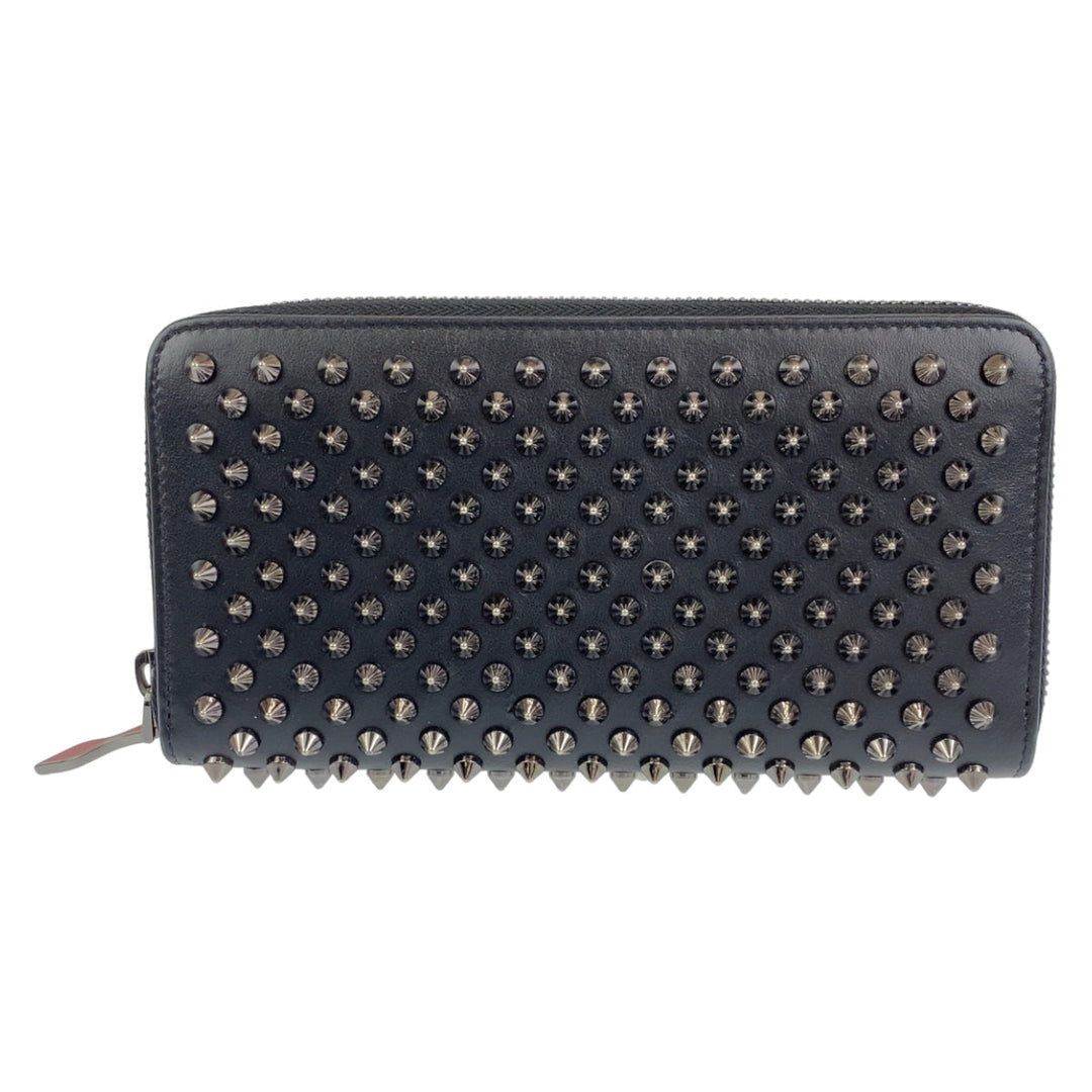 Christian Louboutin Long Wallet Purse leather black Zip Around Long Wallet Purse Panettone Spike studs mens Used Authentic