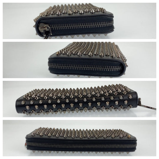 Christian Louboutin Long Wallet Purse leather black Zip Around Long Wallet Purse Panettone Spike studs mens Used Authentic
