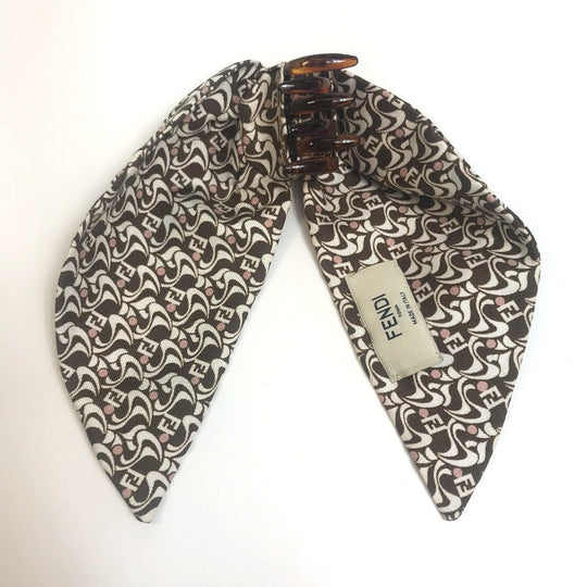 FENDI Valletta silk Brown x white Silk logo Women Used Authentic