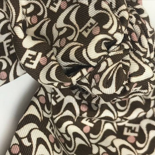 FENDI Valletta silk Brown x white Silk logo Women Used Authentic
