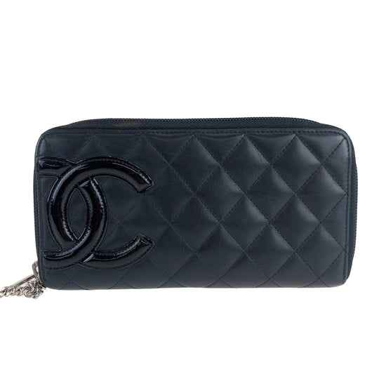 CHANEL Long Wallet Purse lambskin Black SilverMetal Long Wallet Purse Zip Around Round Zip Cambon line COCO Mark Women Used Authentic