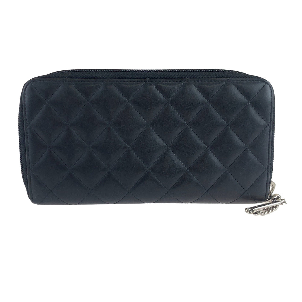 CHANEL Long Wallet Purse lambskin Black SilverMetal Long Wallet Purse Zip Around Round Zip Cambon line COCO Mark Women Used Authentic