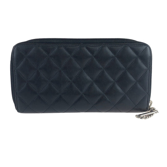 CHANEL Long Wallet Purse lambskin Black SilverMetal Long Wallet Purse Zip Around Round Zip Cambon line COCO Mark Women Used Authentic