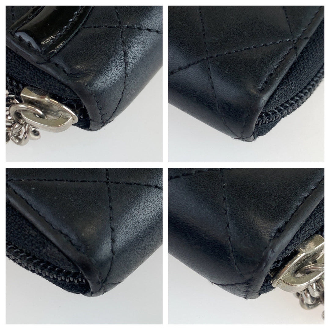 CHANEL Long Wallet Purse lambskin Black SilverMetal Long Wallet Purse Zip Around Round Zip Cambon line COCO Mark Women Used Authentic