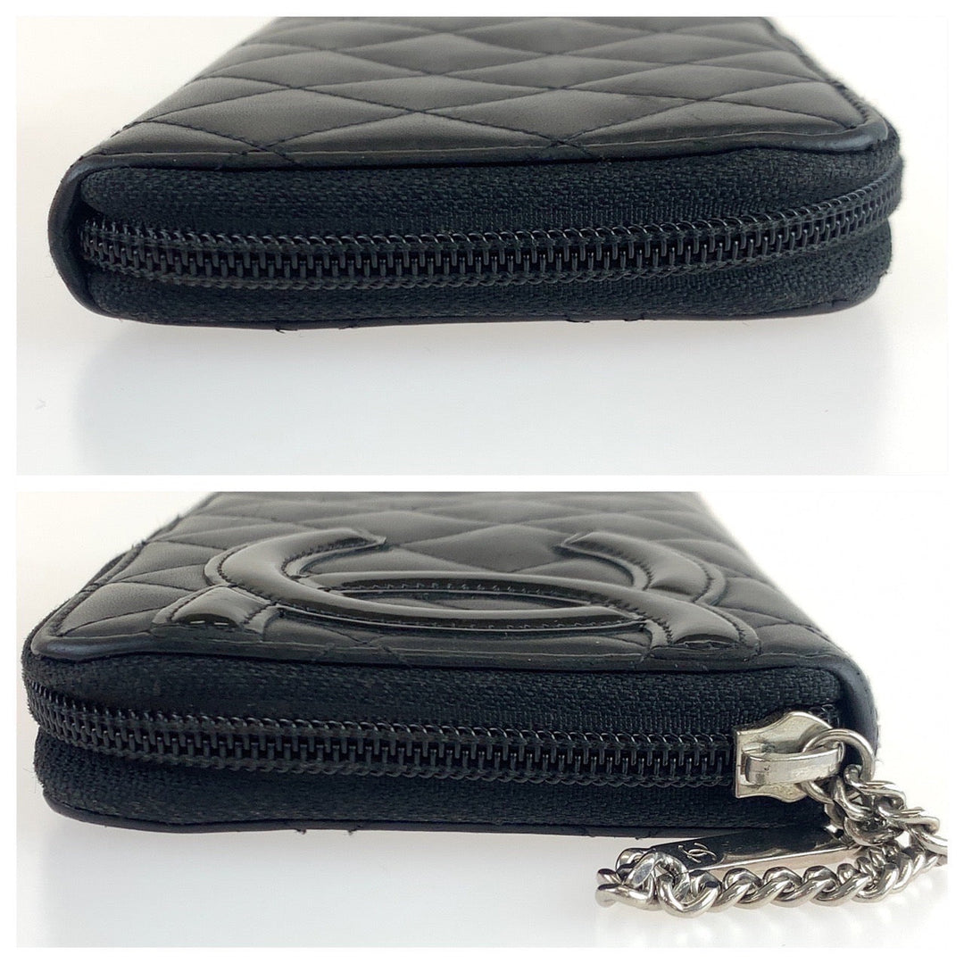 CHANEL Long Wallet Purse lambskin Black SilverMetal Long Wallet Purse Zip Around Round Zip Cambon line COCO Mark Women Used Authentic