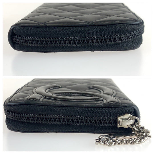 CHANEL Long Wallet Purse lambskin Black SilverMetal Long Wallet Purse Zip Around Round Zip Cambon line COCO Mark Women Used Authentic