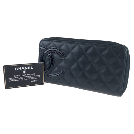 CHANEL Long Wallet Purse lambskin Black SilverMetal Long Wallet Purse Zip Around Round Zip Cambon line COCO Mark Women Used Authentic