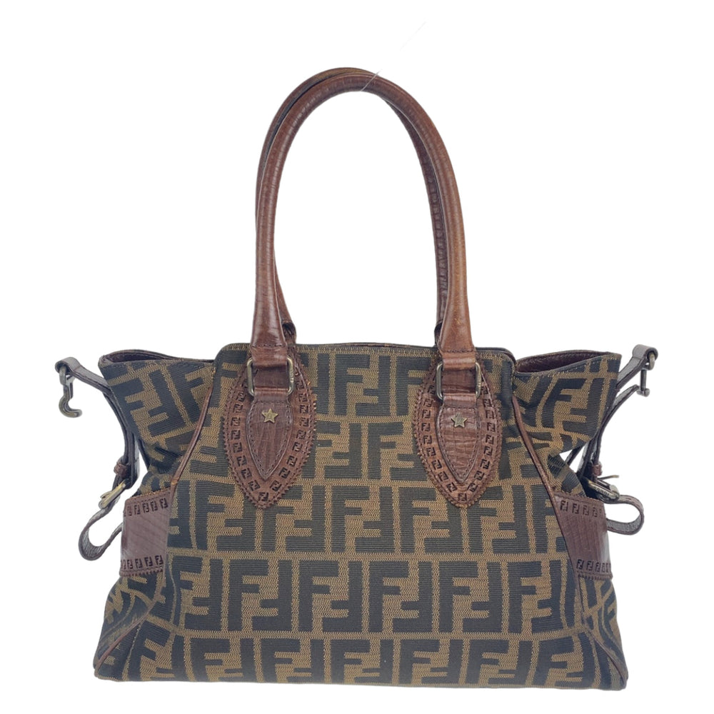 FENDI Shoulder Bag Canvas, Leather Brown Shoulder Bag Handbag Tote Bag Zucca Pattern Etnico Women Used Authentic