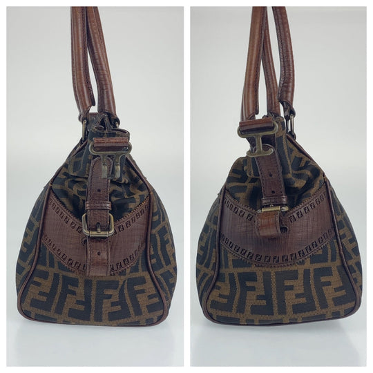 FENDI Shoulder Bag Canvas, Leather Brown Shoulder Bag Handbag Tote Bag Zucca Pattern Etnico Women Used Authentic