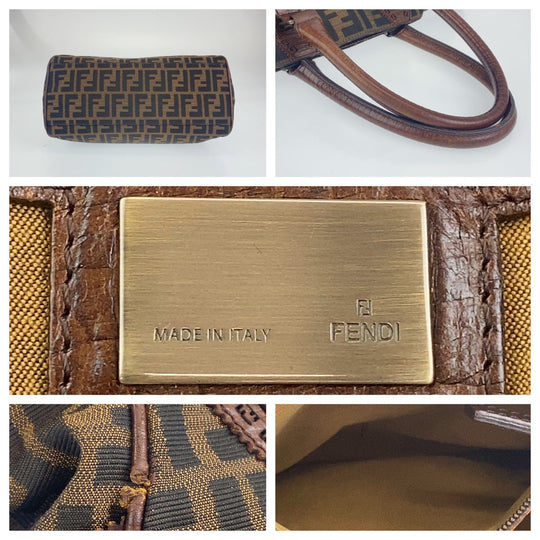 FENDI Shoulder Bag Canvas, Leather Brown Shoulder Bag Handbag Tote Bag Zucca Pattern Etnico Women Used Authentic