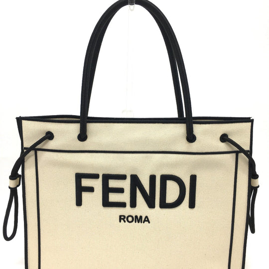 FENDI Tote Bag 8BH379 canvas Beige x black logo rome shopper Women Used Authentic