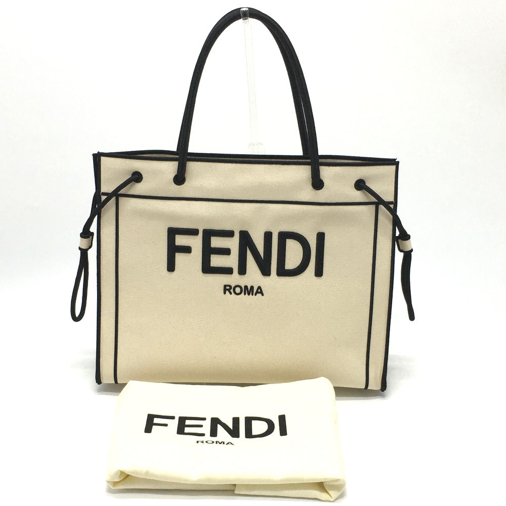 FENDI Tote Bag 8BH379 canvas Beige x black logo rome shopper Women Used Authentic