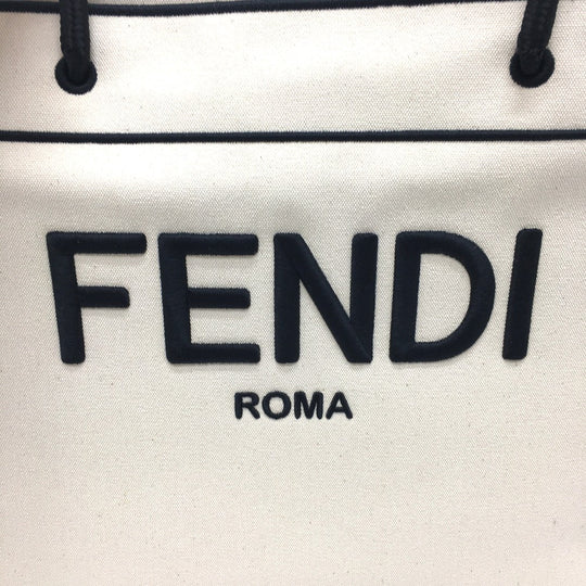 FENDI Tote Bag 8BH379 canvas Beige x black logo rome shopper Women Used Authentic