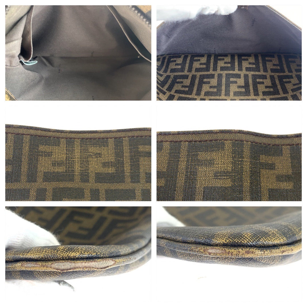 FENDI Shoulder Bag PVC Brown Gold Metal Crossbody Shoulder Bag Messenger Bag Zucca Pattern Women Used Authentic