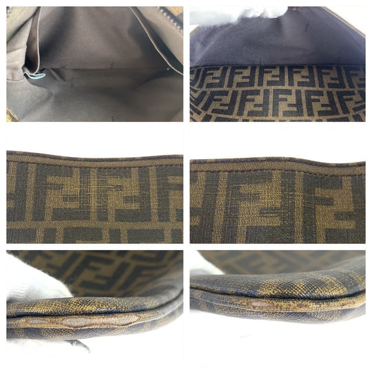 FENDI Shoulder Bag PVC Brown Gold Metal Crossbody Shoulder Bag Messenger Bag Zucca Pattern Women Used Authentic