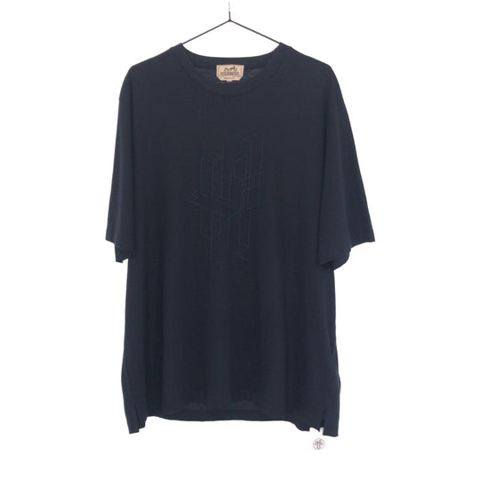 HERMES Short sleeve T-shirt cotton Navy navy blue Short Sleeve Shirts T-Shirts H logo embroidery mens XL Used Authentic